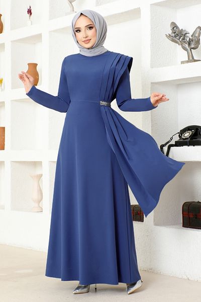 ModaMerve Indigo Stone Detailed Dress - ASM2693