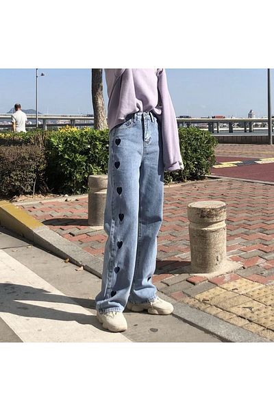 Gofeel BoYfriend Washed Heart Detail Unisex Baggy Jeans