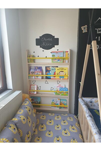 MrtAhşap Montessori Kitaplık Geniş Model Yuvarlak Çıtalı(sarı)