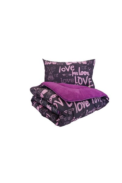 argehome Single Double-Sided Plush Quilt and Pillow Set - Wellsoft Fluffy, Plum Love