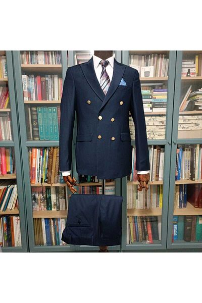 Querinca Navy Blue Double Breasted Slim Fit Suit (Necktie and Collar Ornament)