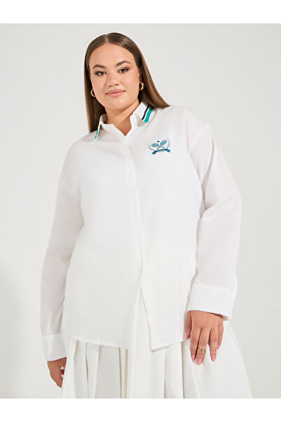 Styli Plus Size Oversized Button Down Shirt with Logo Detail