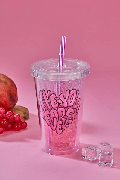 Poomy Pembe Desenli 500 ML Çift Katmanlı Mika Meşrubat Bardağı - Pipetli Bardak