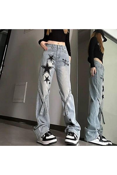 Gofeel High Waist Baggy Jeans - Star Detail Boyfriend Pants