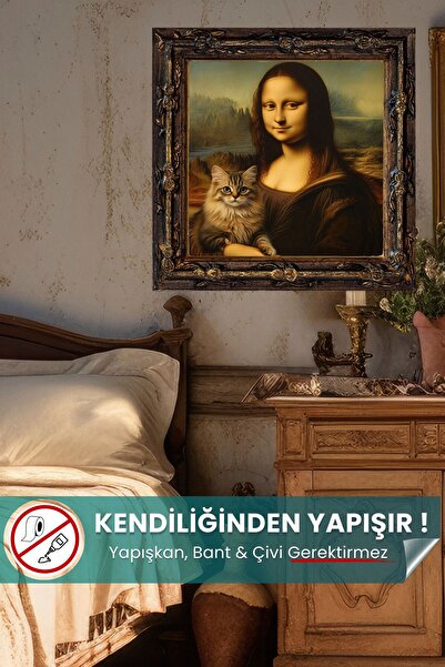 Pi Papers Mona Lisa & Kedi Posteri, Yapışkansız Tutunan Premium Baskı Statik Kağıt Poster, Yapay Zeka Tasarım