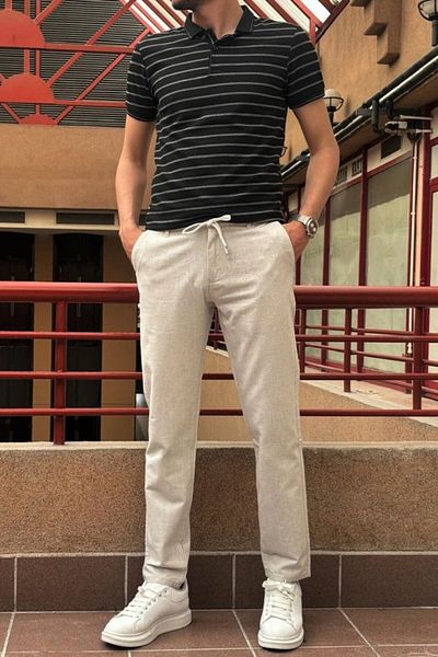 inpool Men's Linen Woven Look Standard Fit Elastic Waist Pants 216-2