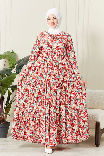 fistan Floral Pattern Viscose Dress - Layered Skirt, Hijab Collar, for Mother and Prayer