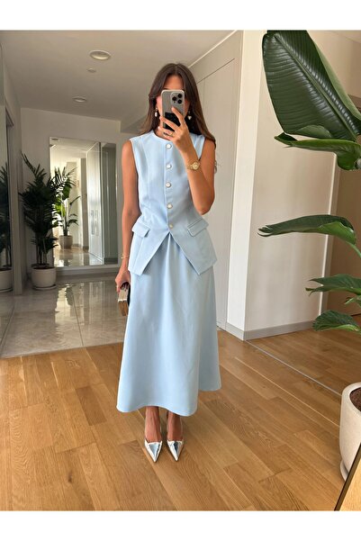 buqre's moda طقم سترة غير متماثلة وتنورة طويلة - تفاصيل زر لؤلؤي