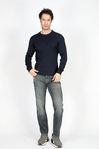 Lee Cooper Мъжки плетен пуловер Smith с О-образно деколте, тъмносин