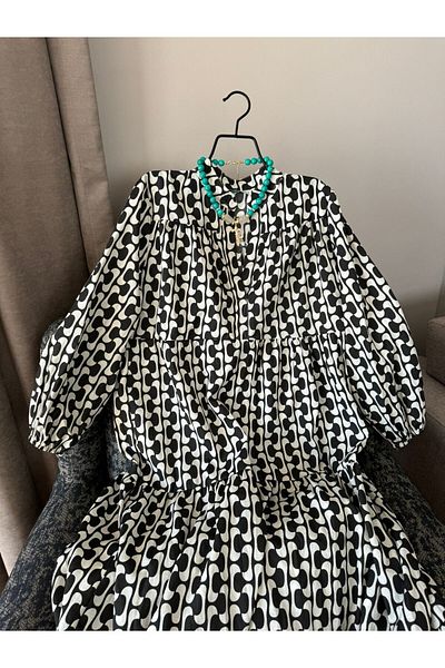 Natavan Rochie lungă alb-negru cu model - mâneci din cauciuc