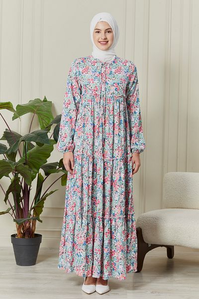 fistan Gypsy Viscose Dress - Layered Skirt, Floral Patterned Hijab Mother Dress and Prayer Dress