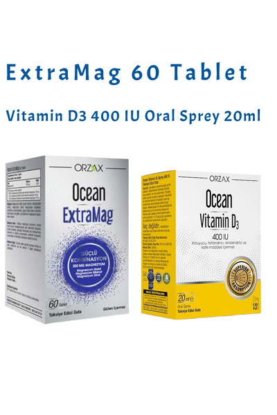 Ocean ExtraMag Üçlü Magnezyum 60 tablet + Vitamin D3 400 IU Sprey 20 ml+100ml yüz temizleme jeli Set1135