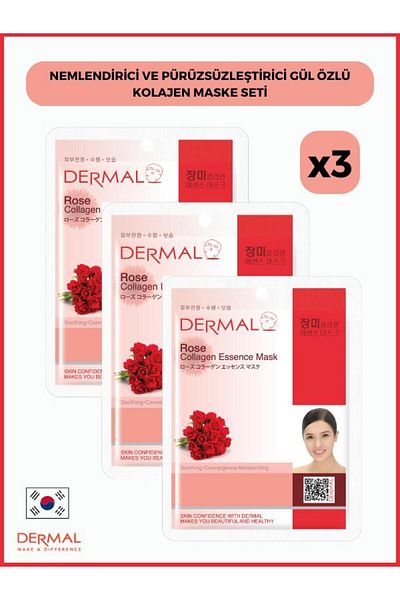 Dermal 23gr 3 Pieces Rose Extract Moisturizing and Smoothing Collagen Mask