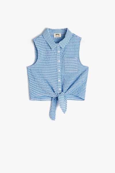 Koton Girl's Crop Sleeveless Shirt with Tie Waist and Gingham
