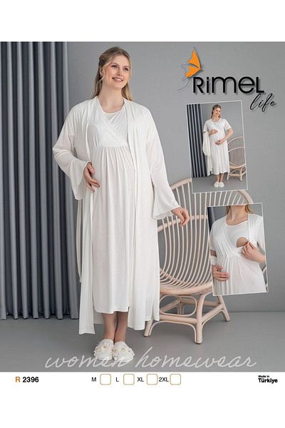 Reyhanlar Rimellife 2396 Maternity Combed Cotton Dressing Gown Nightgown Set