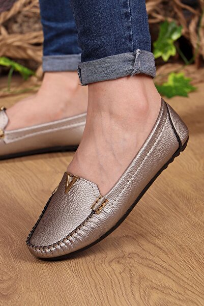 Vojo V Buckle Detailed Comfortable Light Sole Gray Skin Women's Ballerina Daily Shoes