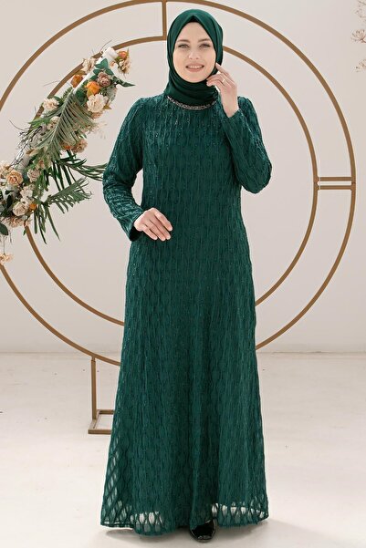 DENİMİNİ Taş Işleme Detaylı Simli Büyük Beden Tesettür Abiye Zümrüt DNM2232
