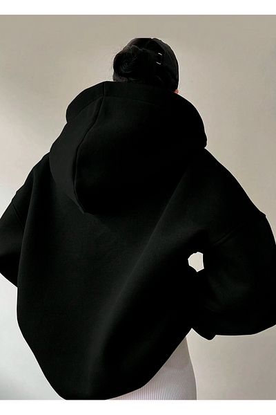 Benisengiydir Black Oversize Hooded Women's Sweatshirt - Collar Detailed