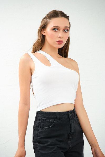PUNKY CAT Λευκή μπλούζα με έναν ώμο Crop Top - Γυναικεία