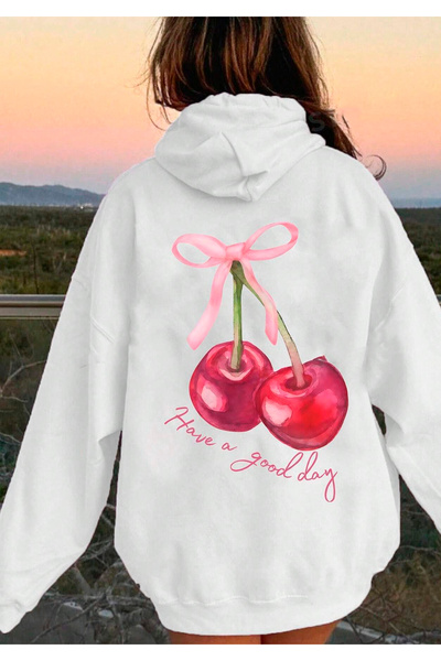 Benisengiydir Λευκό Oversize γυναικείο φούτερ με κουκούλα - Cheery Printed