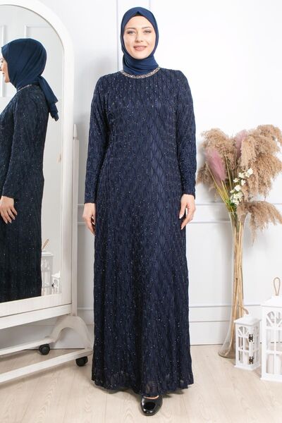 DENİMİNİ Taş Işleme Detaylı Simli Büyük Beden Tesettür Abiye Koyu Lacivert DN...