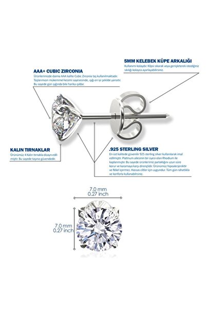 Jewelry For Light 925 Ayar Gümüş, 7mm,beyaz Yuvarlak Kesim (ROUND-BRİLLİANT CUT) Tektaş, Zirkon Küpe
