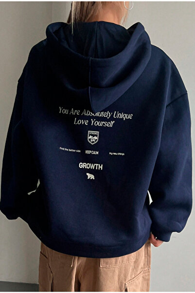 Benisengiydir Navy Blue Oversize Hooded Sweatshirt - Growths Printed