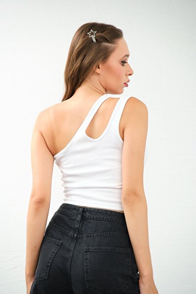 PUNKY CAT White One Shoulder Cut Out Crop Top Blouse - Women