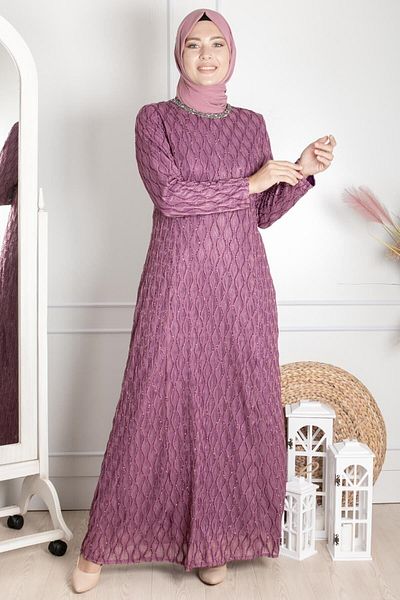 DENİMİNİ Lilac Plus Size HijaB Evening Dress - with Stone EmBroidery and Glitter DeTail DNM2232