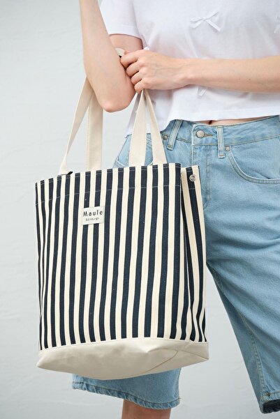 Maule sötétkék csíkos 100% pamut női válltáska - cipzáras kis táska szett 2db