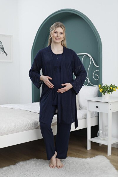 Reyhanlar طقم بيجامة للحوامل للنساء 2384 - ثوب صباحي ثلاثي، كم قصير، أزرق داكن