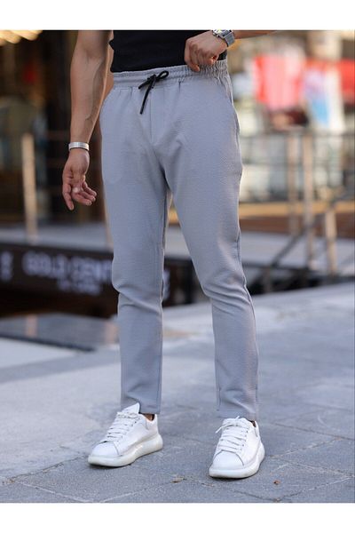 Domoda Ανδρικά - Γκρι παντελόνι Jogger με υφή με κορδόνια και ελαστική μέση