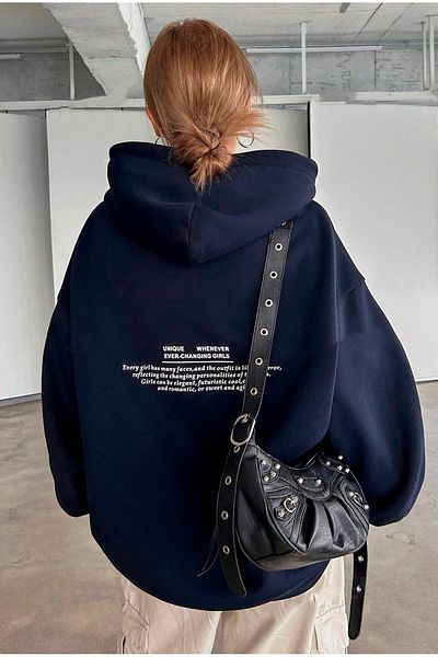 Benisengiydir navy Blue Oversize Hooded Unique Printed Women's Sweatshirt