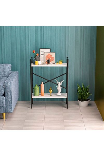 Golden Bark 2 shelves Coffee corner table, side table, bookcase - White/Black