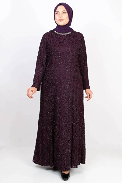 DENİMİNİ Taş Işleme Detaylı Simli Büyük Beden Tesettür Abiye Mürdüm DNM2167