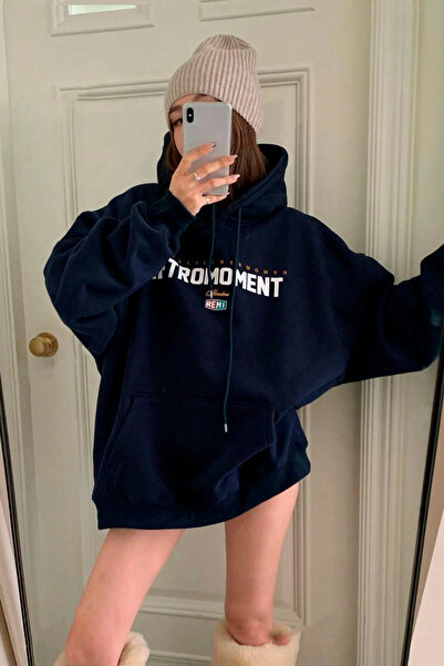 Benisengiydir navy Blue Oversize Hooded Women's Sweatshirt - Rft Printed