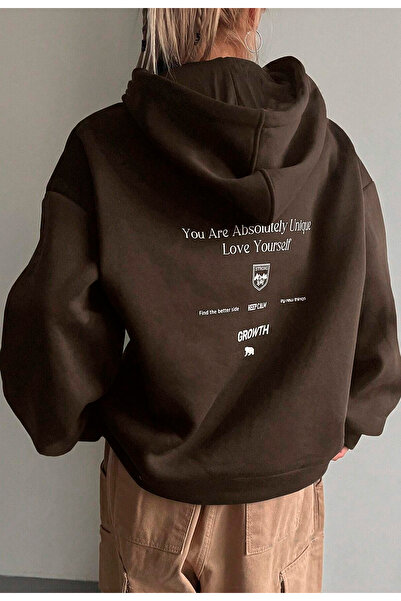 Benisengiydir سويت شيرت بني كبير الحجم بغطاء للرأس - مطبوع عليه Growths