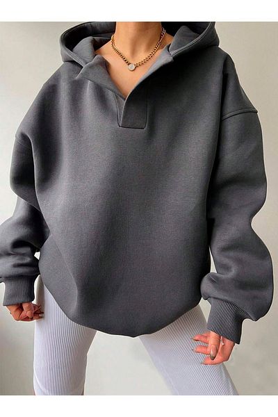 Benisengiydir Anthracite Hooded Oversize Women's Sweatshirt - Collar Detailed
