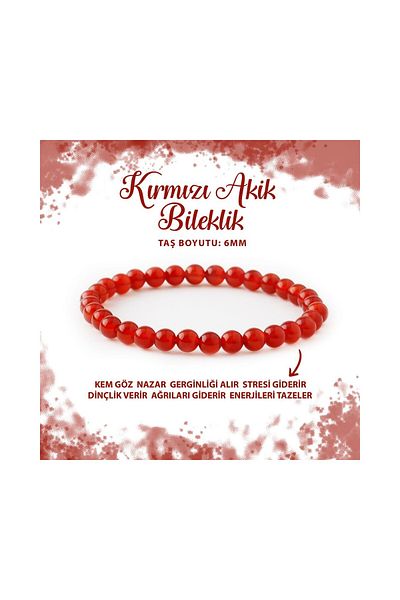 GÜMÜŞTEL EL SANATLARI 6mm Red Agate Natural Stone Bracelet - Certified