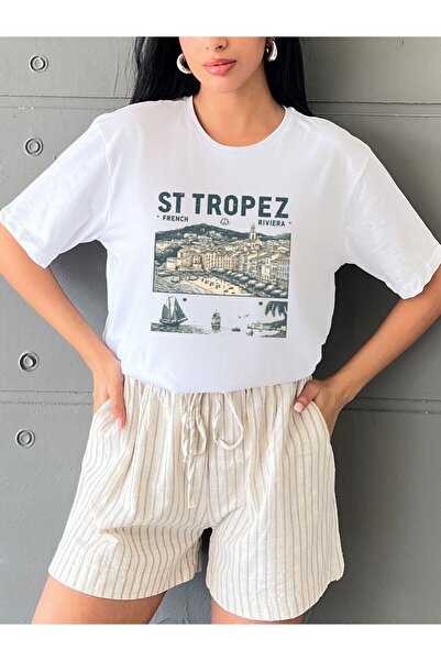 Blah Tricou de damă din bumbac supradimensionat alb cu imprimeu St Tropez - D...