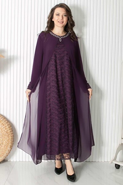 DENİMİNİ فستان سهرة حجاب مع تفاصيل قلادة مقاس كبير - برقوق DNM2418