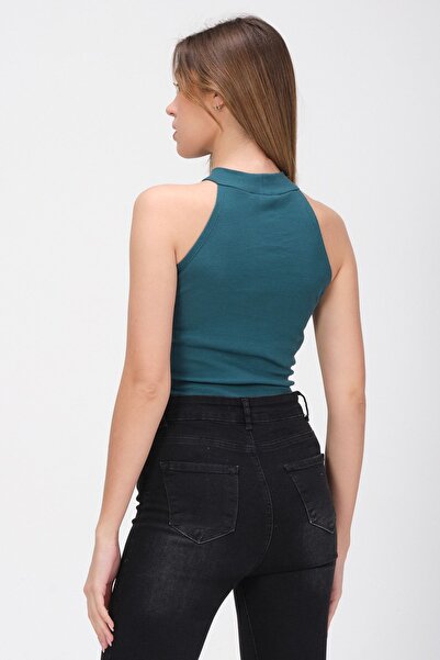 PUNKY CAT Women's Petrol High Collar Sleeveless Blouse