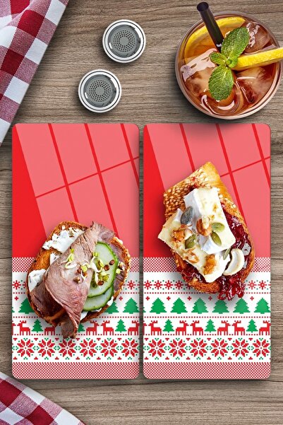 Decovetro Red Plaid Patterned Glass Coffee Table Plate - Set of 2 30 x 15 cm