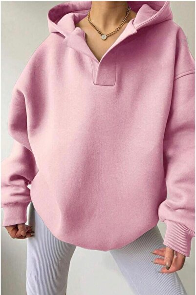 CAST COLLECTİON سويت شيرت نسائي وردي فاتح - قصة منخفضة وغطاء للرأس