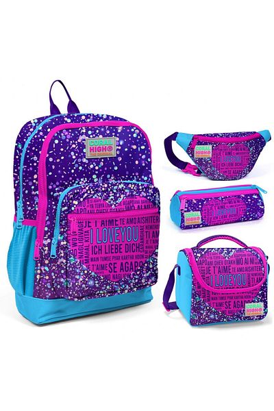 Coral High Set de geanți și geanți de școală cu model de inimă violet albastru