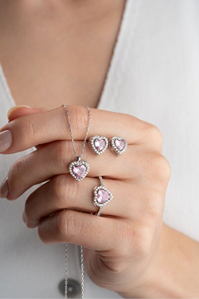 Silvano Jewelry 925 Ayar Gümüş Pembe Kalpli Takı Seti