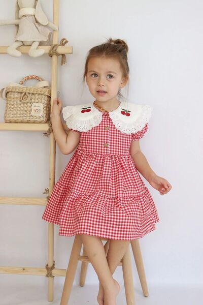 DENİMİNİ فستان بناتي من القماش القطني باللون الأحمر الكرزي - DNM132