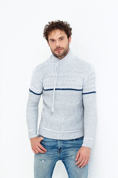 Tarz Cool Men's Gray Shawl Collar Chest Striped Knitwear Sweater -ipbyk001r04
