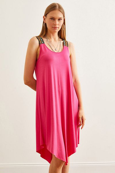 Olalook Φούξια Ethnic Strap Ασύμμετρο Γυναικείο Φόρεμα - ELB- 19000612
