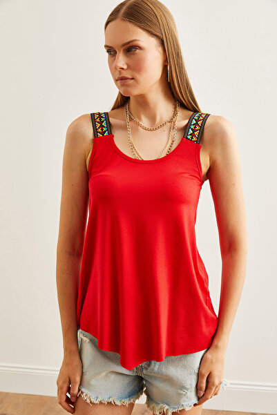 Olalook Red Ethnic Viscose Blouse - Asymmetric Cut, Strap Model BLZ- 19002703